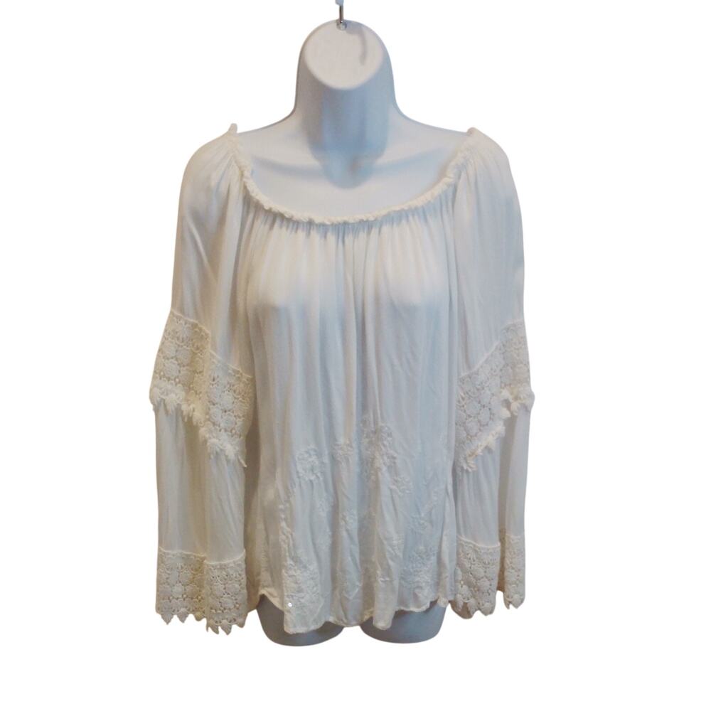 Belle France L Ivory Boho Peasant Blouse Lace Embroidered Cottagecore Italy